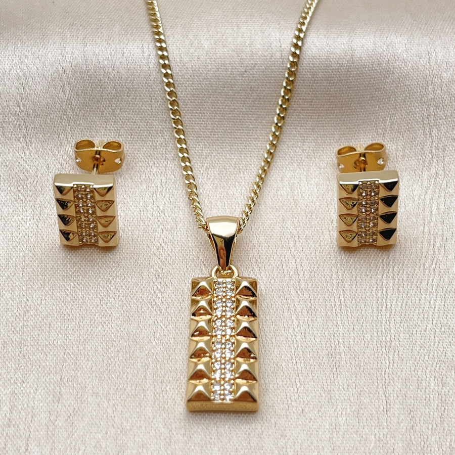 Oro Laminado Earring and Pendant Adult Set, Gold Filled Style with White Cubic Zirconia, Polished, Golden Finish
