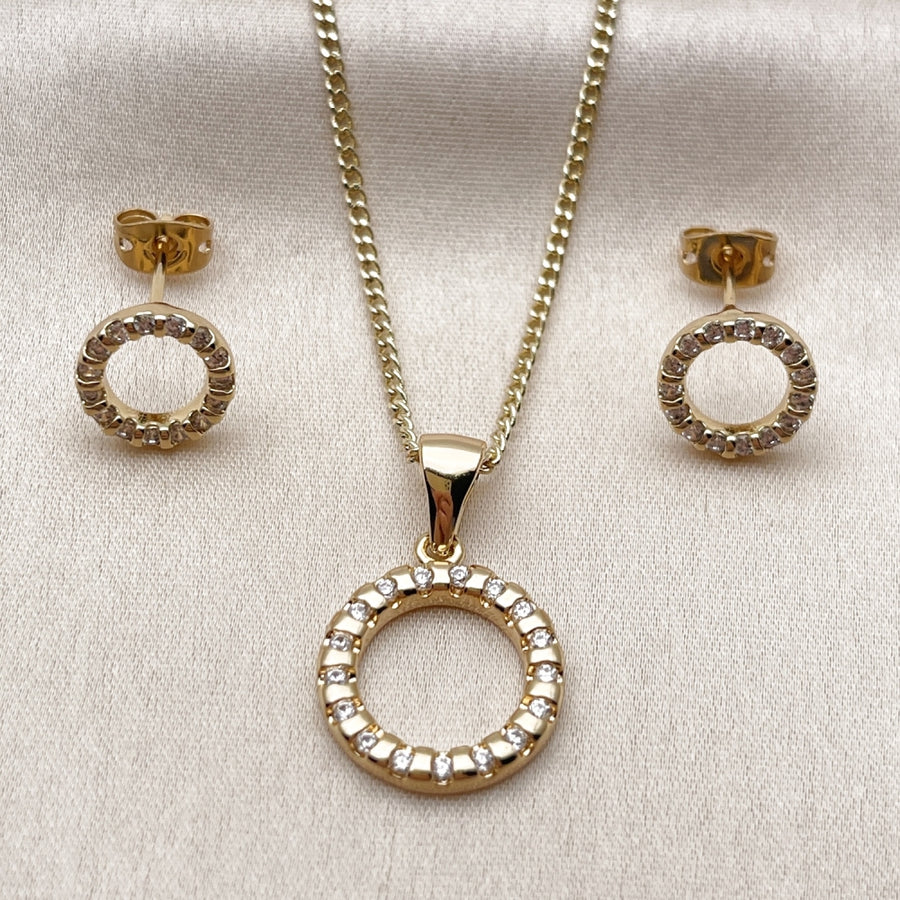 Oro Laminado Earring and Pendant Adult Set, Gold Filled Style with White Cubic Zirconia, Polished, Golden Finish