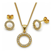 Oro Laminado Earring and Pendant Adult Set, Gold Filled Style with White Cubic Zirconia, Polished, Golden Finish