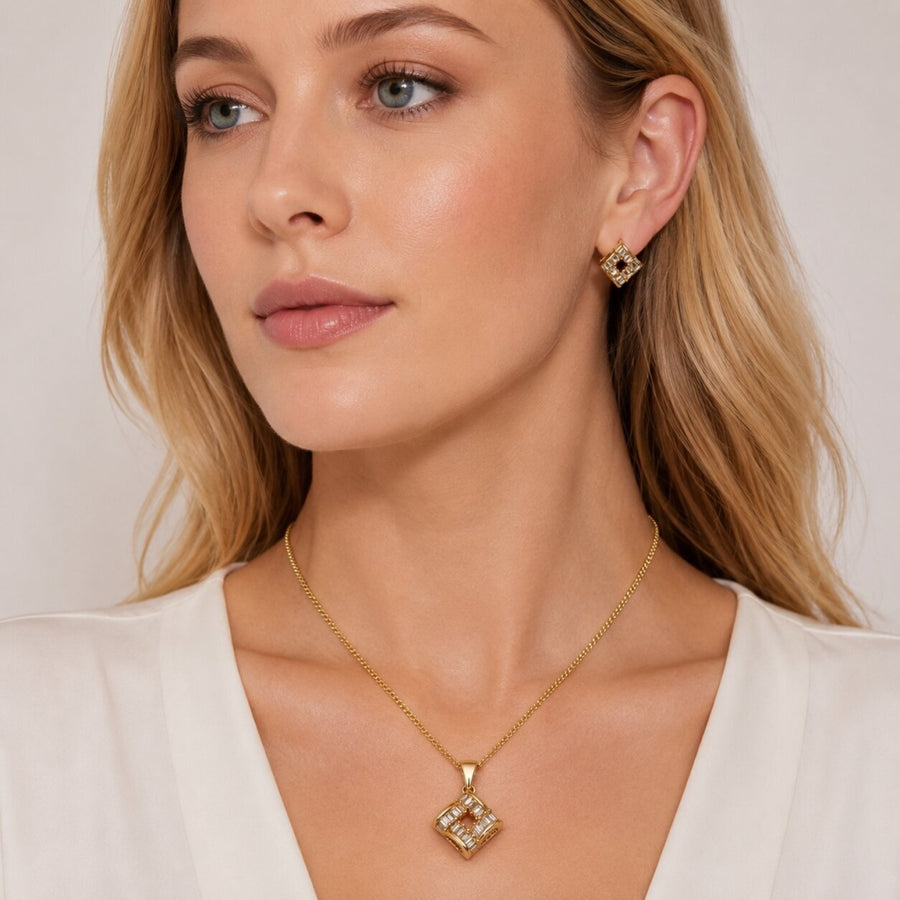 Oro Laminado Earring and Pendant Adult Set, Gold Filled Style Baguette Design, with White Cubic Zirconia, Polished, Golden Finish