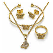 Oro Laminado Earring and Pendant Adult Set, Gold Filled Style Butterfly Design, with White Micro Pave, Polished, Golden Finish