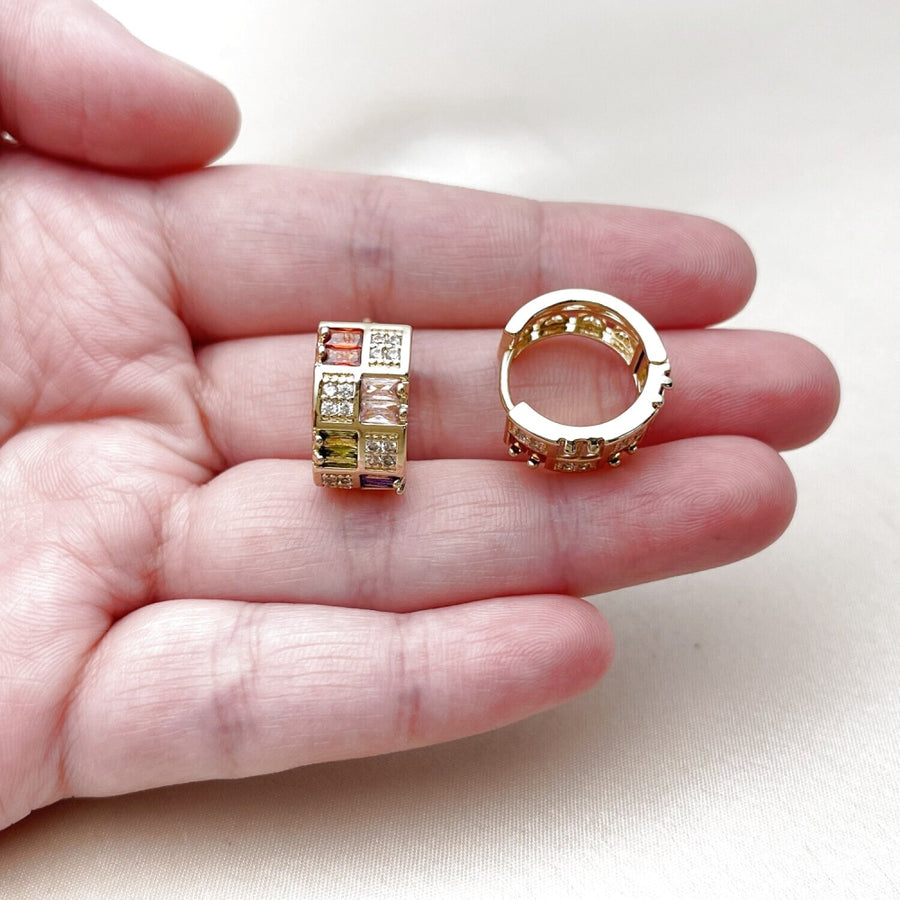 Oro Laminado Huggie Hoop, Gold Filled Style Baguette and Heart Design, with Multicolor and White Cubic Zirconia, Polished, Golden Finish