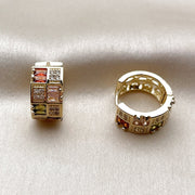 Oro Laminado Huggie Hoop, Gold Filled Style Baguette and Heart Design, with Multicolor and White Cubic Zirconia, Polished, Golden Finish