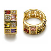 Oro Laminado Huggie Hoop, Gold Filled Style Baguette and Heart Design, with Multicolor and White Cubic Zirconia, Polished, Golden Finish