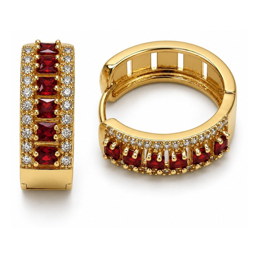 Oro Laminado Huggie Hoop, Gold Filled Style Cluster Design, with Garnet and White Cubic Zirconia, Polished, Golden Finish