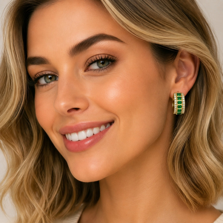 Oro Laminado Huggie Hoop, Gold Filled Style Cluster Design, with Green and White Cubic Zirconia, Polished, Golden Finish