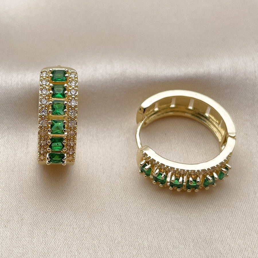 Oro Laminado Huggie Hoop, Gold Filled Style Cluster Design, with Green and White Cubic Zirconia, Polished, Golden Finish