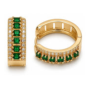 Oro Laminado Huggie Hoop, Gold Filled Style Cluster Design, with Green and White Cubic Zirconia, Polished, Golden Finish