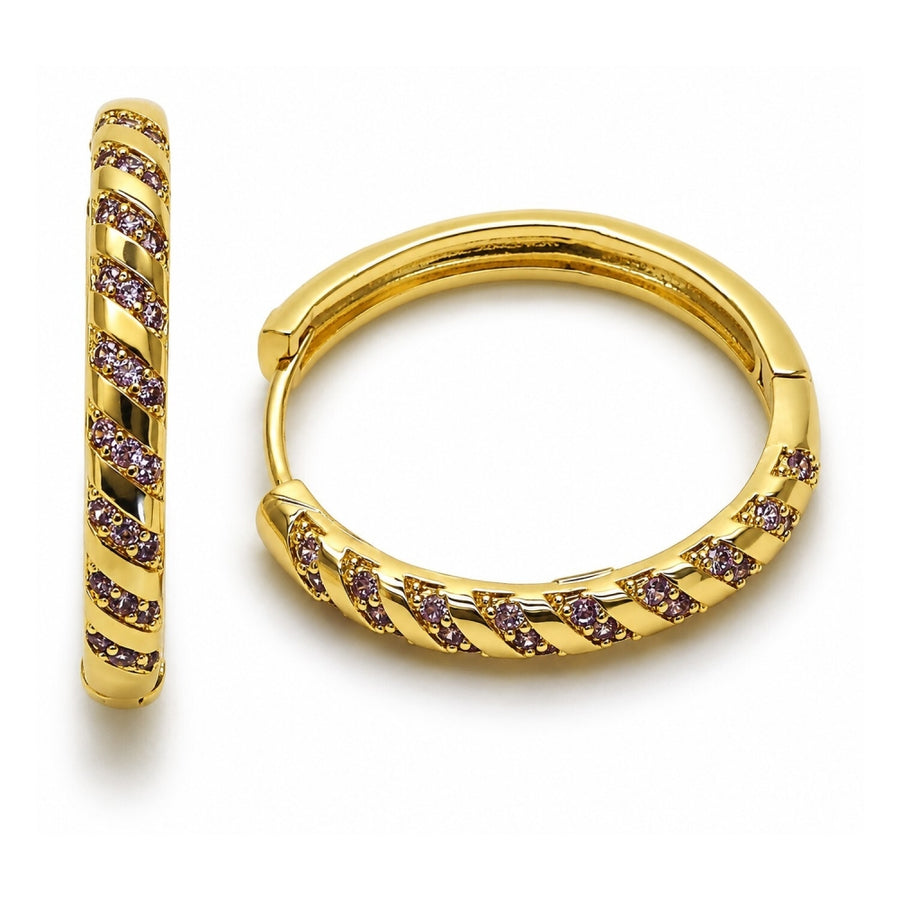 Oro Laminado Huggie Hoop, Gold Filled Style with Amethyst Cubic Zirconia, Polished, Golden Finish