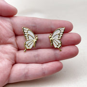 Oro Laminado Stud Earring, Gold Filled Style Butterfly Design, White Enamel Finish, Golden Finish