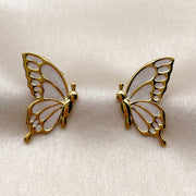 Oro Laminado Stud Earring, Gold Filled Style Butterfly Design, White Enamel Finish, Golden Finish