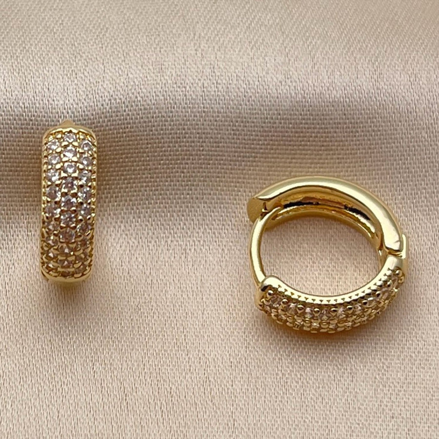 Oro Laminado Huggie Hoop, Gold Filled Style with White Cubic Zirconia, Polished, Golden Finish