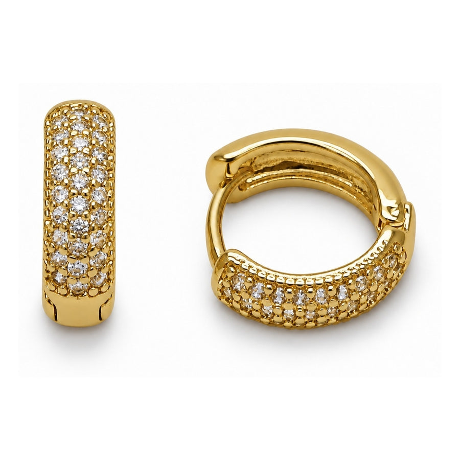 Oro Laminado Huggie Hoop, Gold Filled Style with White Cubic Zirconia, Polished, Golden Finish