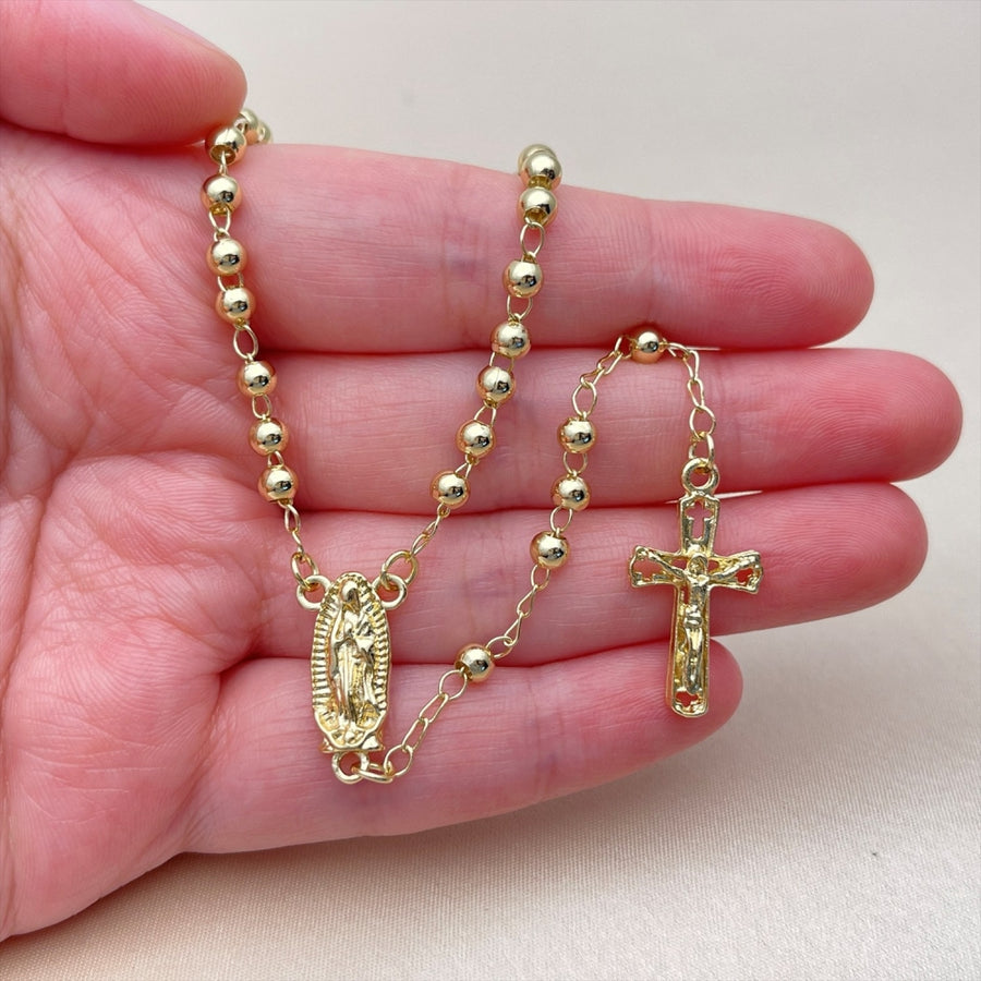 Oro Laminado Thin Rosary, Gold Filled Style Guadalupe and Crucifix Design, Polished, Golden Finish