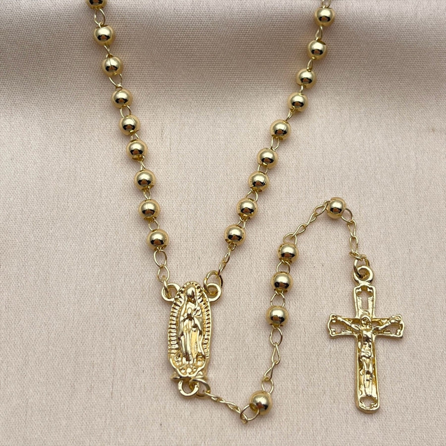 Oro Laminado Thin Rosary, Gold Filled Style Guadalupe and Crucifix Design, Polished, Golden Finish