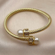 Oro Laminado Individual Bangle, Gold Filled Style Twist and Ball Design, with Ivory Pearl and White Cubic Zirconia, Polished, Golden Finish