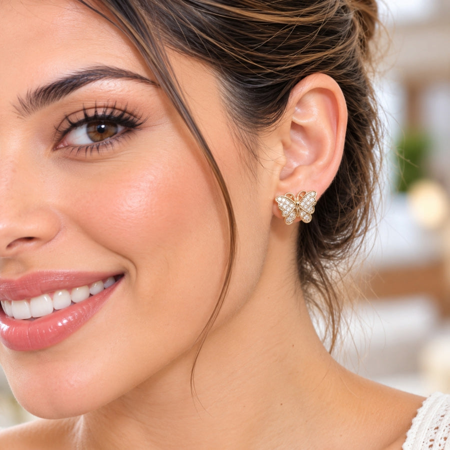 Oro Laminado Stud Earring, Gold Filled Style Butterfly Design, with White Micro Pave, Polished, Golden Finish