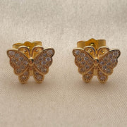Oro Laminado Stud Earring, Gold Filled Style Butterfly Design, with White Micro Pave, Polished, Golden Finish