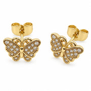 Oro Laminado Stud Earring, Gold Filled Style Butterfly Design, with White Micro Pave, Polished, Golden Finish