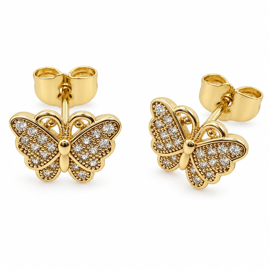 Oro Laminado Stud Earring, Gold Filled Style Butterfly Design, with White Micro Pave, Polished, Golden Finish
