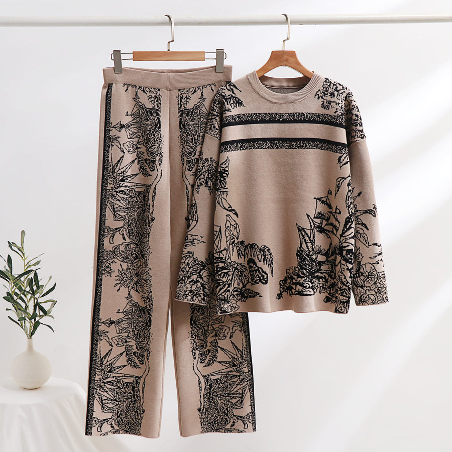 2 piece set long sleeve jersey, wide leg pants and high quality elastic waist