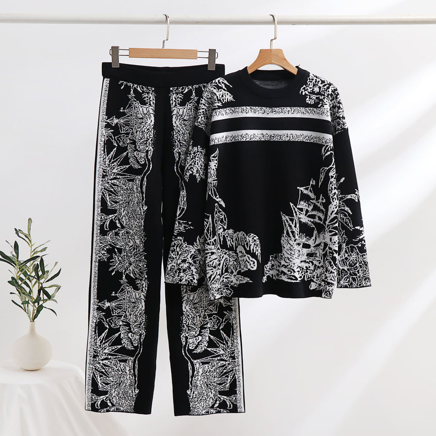 2 piece set long sleeve jersey, wide leg pants and high quality elastic waist