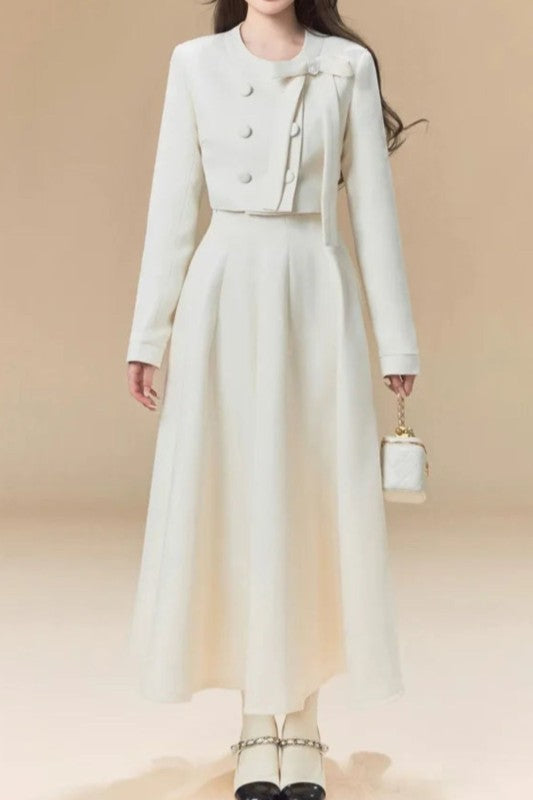 Two-piece set: jacket with waist tie and high-quality fine midi skirt