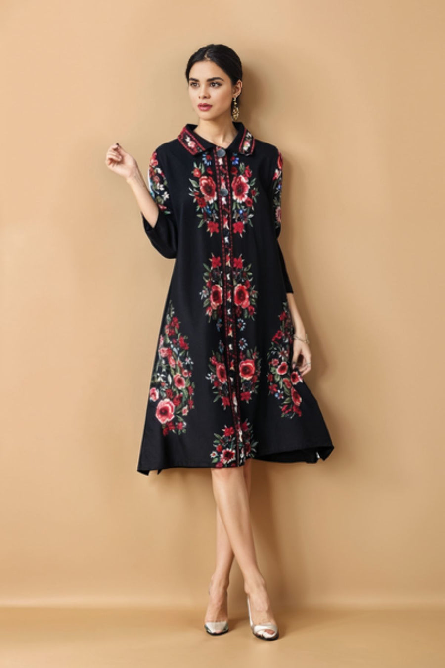 Long sleeve flower print shirt dress