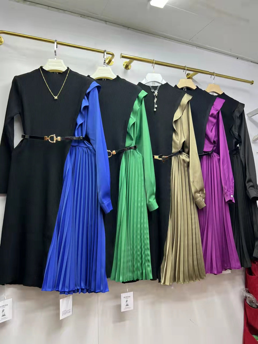 Elegant long sleeve dresses with quality pleated midi belt