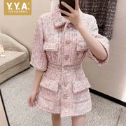 Autumn New Women High Quality Tweed Short Dress Jacket Slim Waist Pocket Elegant Vintage Pink Single Breasted Dress Female S-L