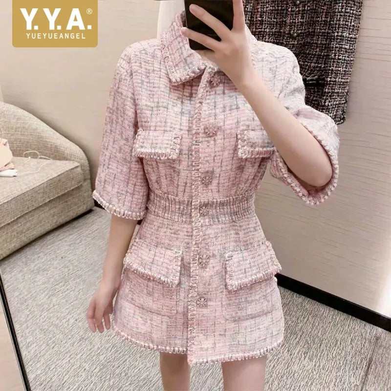 Autumn New Women High Quality Tweed Short Dress Jacket Slim Waist Pocket Elegant Vintage Pink Single Breasted Dress Female S-L