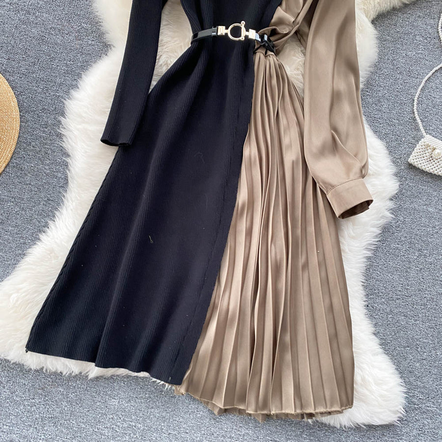 Elegant long sleeve dresses with quality pleated midi belt