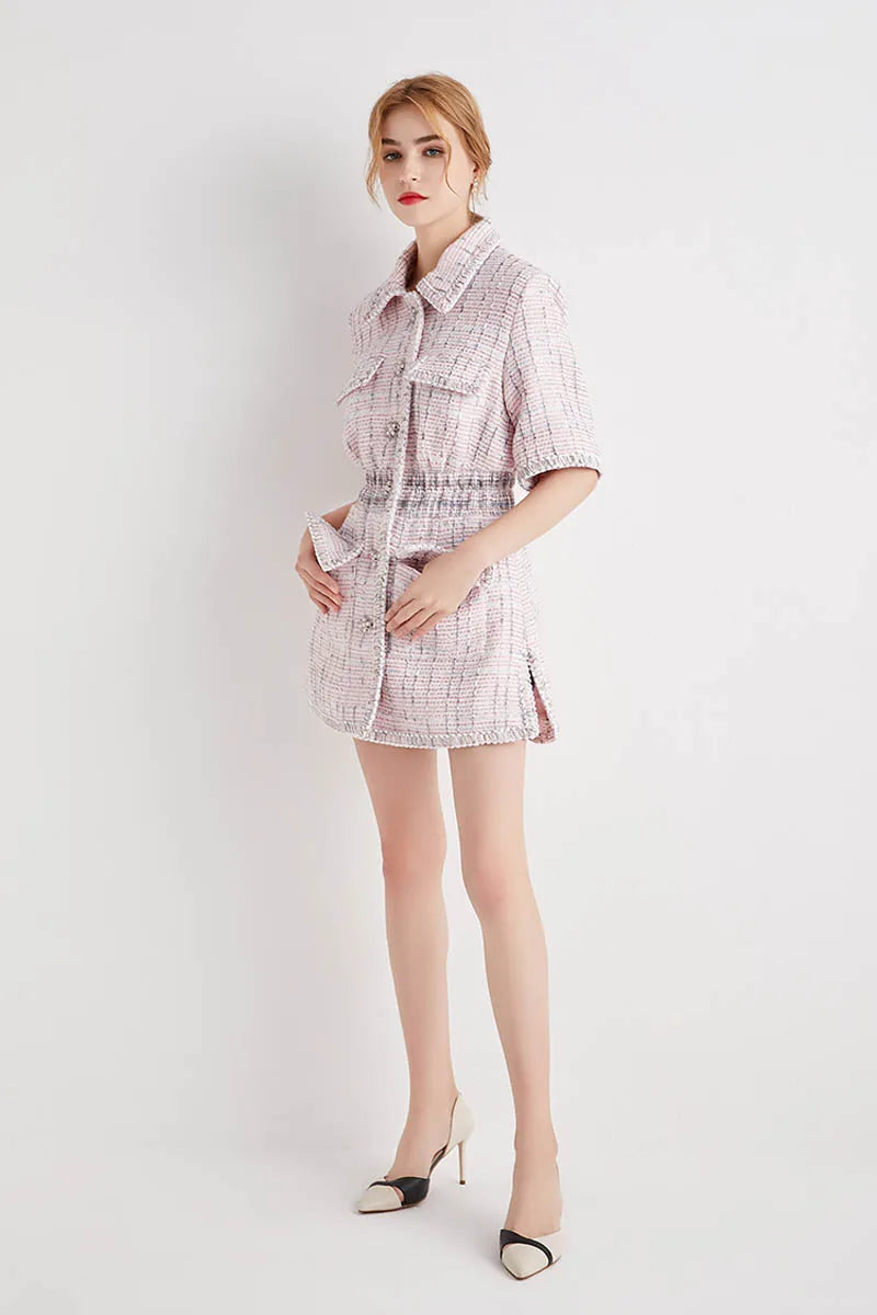Autumn New Women High Quality Tweed Short Dress Jacket Slim Waist Pocket Elegant Vintage Pink Single Breasted Dress Female S-L