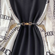 Black dress with long lantern sleeve print and high quality belt
