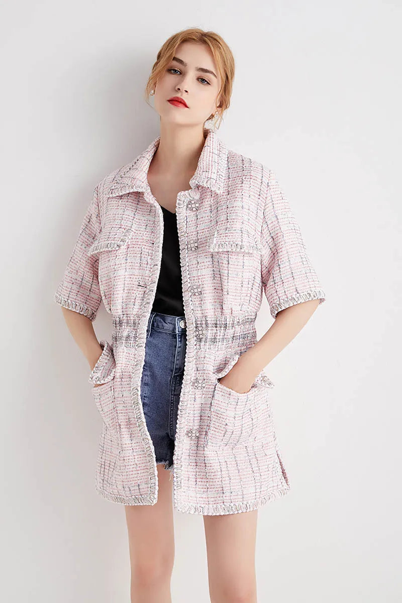 Autumn New Women High Quality Tweed Short Dress Jacket Slim Waist Pocket Elegant Vintage Pink Single Breasted Dress Female S-L