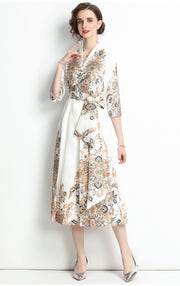 High Quality Three Quarter Sleeve V Neck Long Sleeve Flower Print Satin Dress