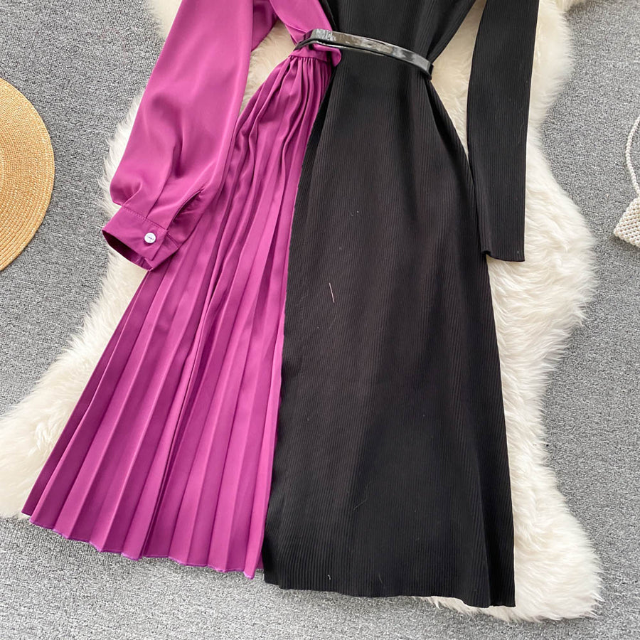Elegant long sleeve dresses with quality pleated midi belt
