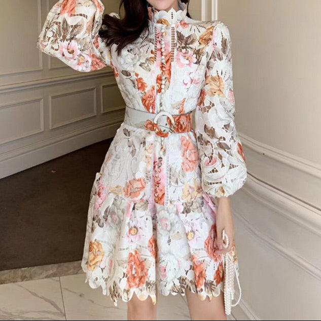 High Quality Long Sleeve Stand Collar Print Floral Dress