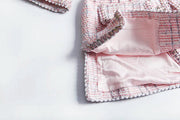 Autumn New Women High Quality Tweed Short Dress Jacket Slim Waist Pocket Elegant Vintage Pink Single Breasted Dress Female S-L