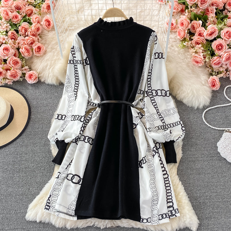 Black dress with long lantern sleeve print and high quality belt