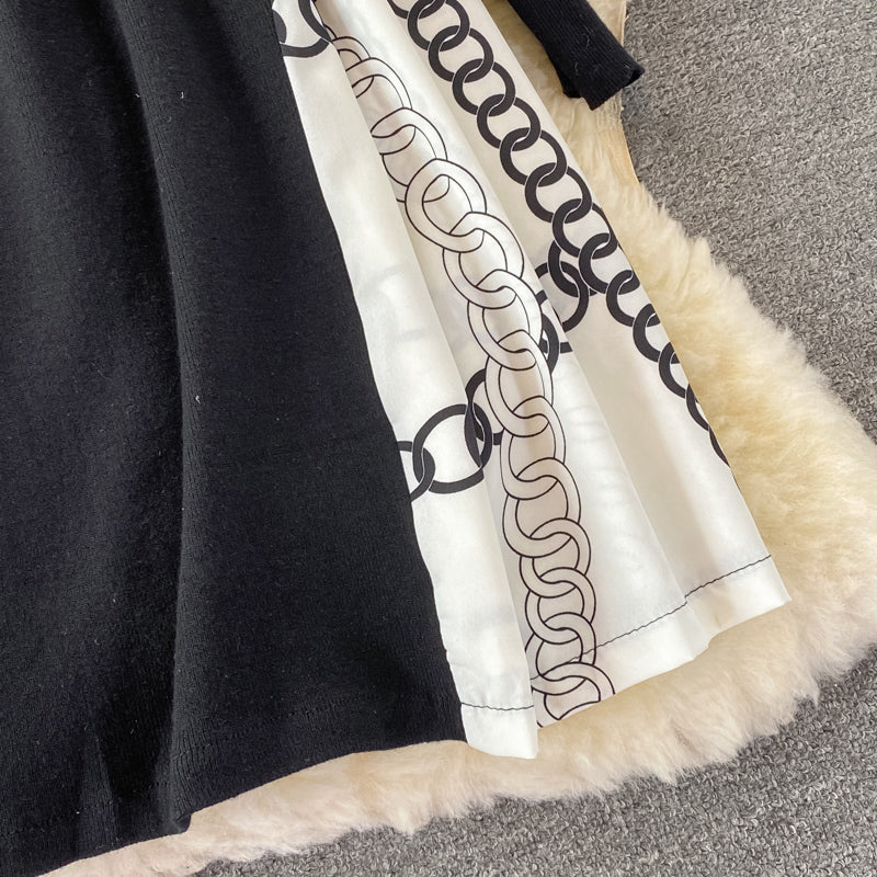 Black dress with long lantern sleeve print and high quality belt