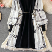 Black dress with long lantern sleeve print and high quality belt
