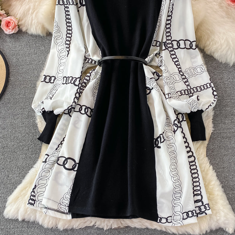 Black dress with long lantern sleeve print and high quality belt