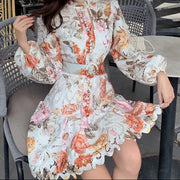 High Quality Long Sleeve Stand Collar Print Floral Dress