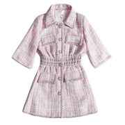 Autumn New Women High Quality Tweed Short Dress Jacket Slim Waist Pocket Elegant Vintage Pink Single Breasted Dress Female S-L