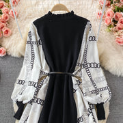 Black dress with long lantern sleeve print and high quality belt