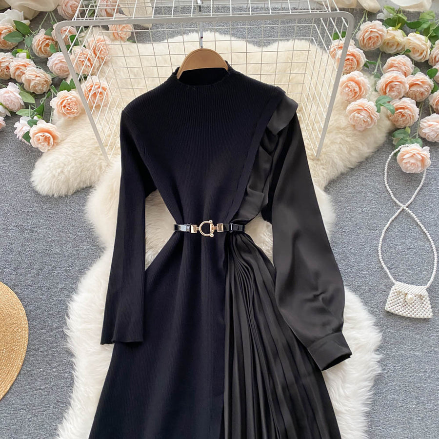Elegant long sleeve dresses with quality pleated midi belt