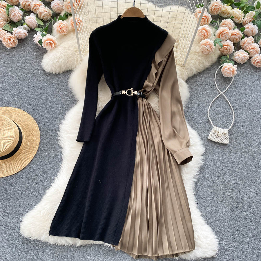 Elegant long sleeve dresses with quality pleated midi belt