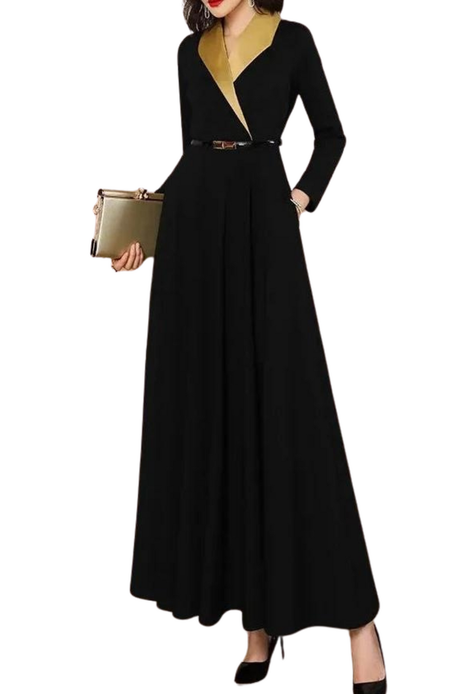 Elegant long sleeve formal dress with high quality midi pocket