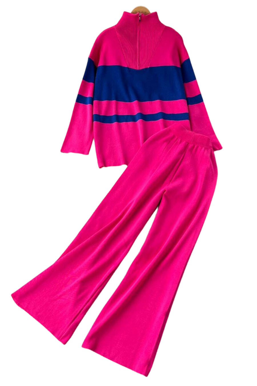 High Quality Striped Zipper Long Sleeve+Wide Leg Pant Two Piece Set
